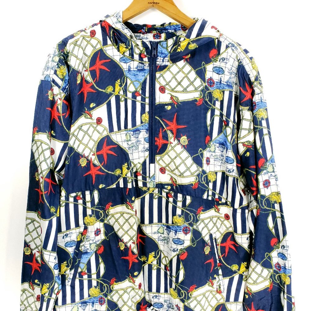 Vtg Duffel Sportswear Pullover Jacket Women's Med Navy Blue Red Nautical Print